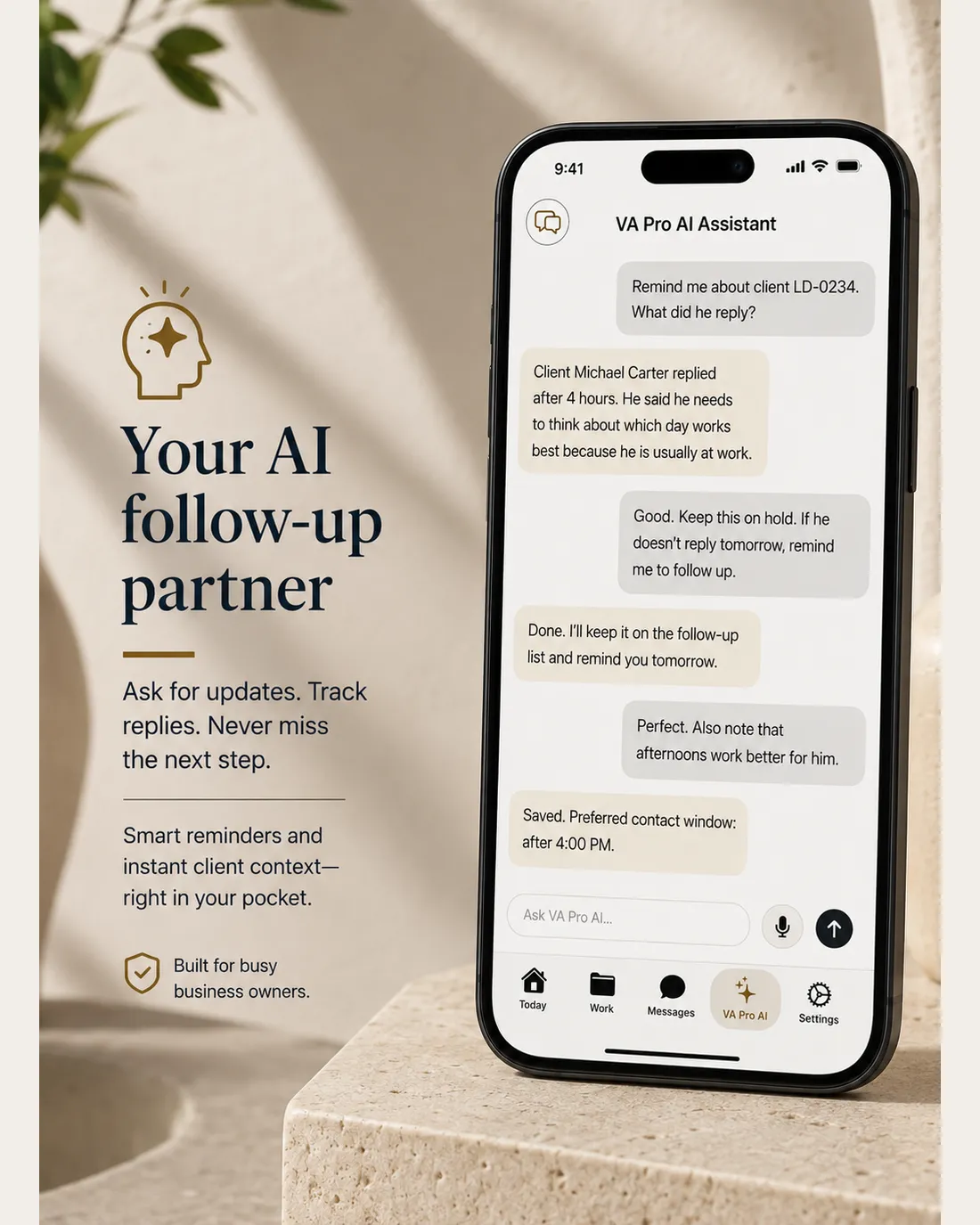 Phone showing the assistant answering a question about a client: it reports what the client replied, agrees to hold the lead, and saves the client's preferred contact window.