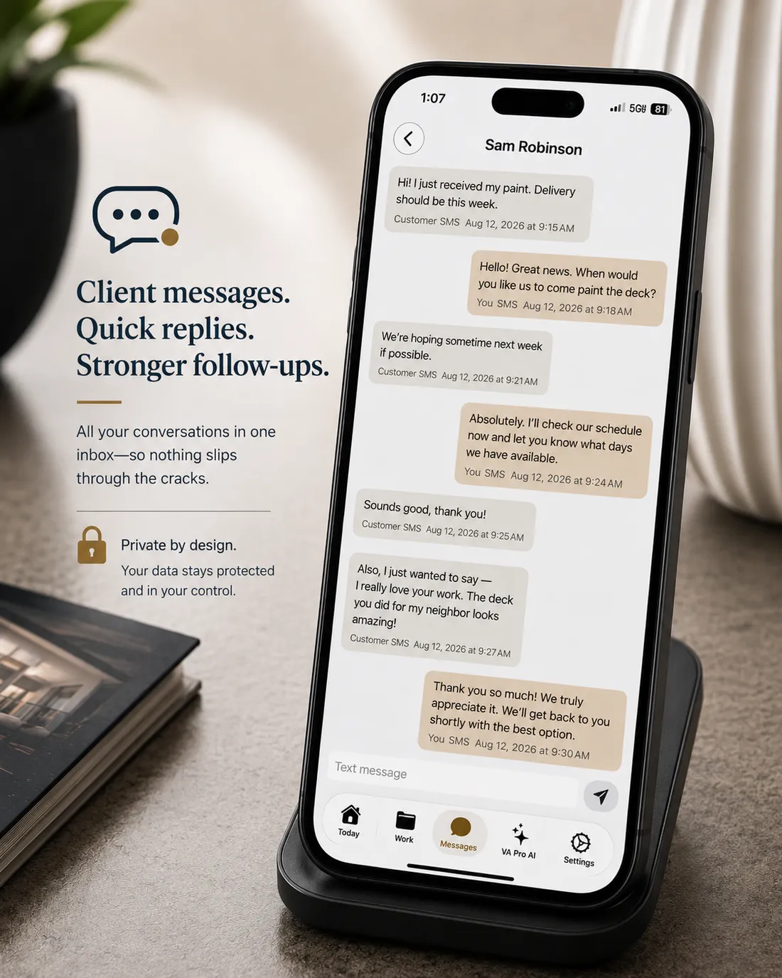 A message thread with a client on a phone: they ask about scheduling, the business replies about availability, and the exchange stays in one conversation.
