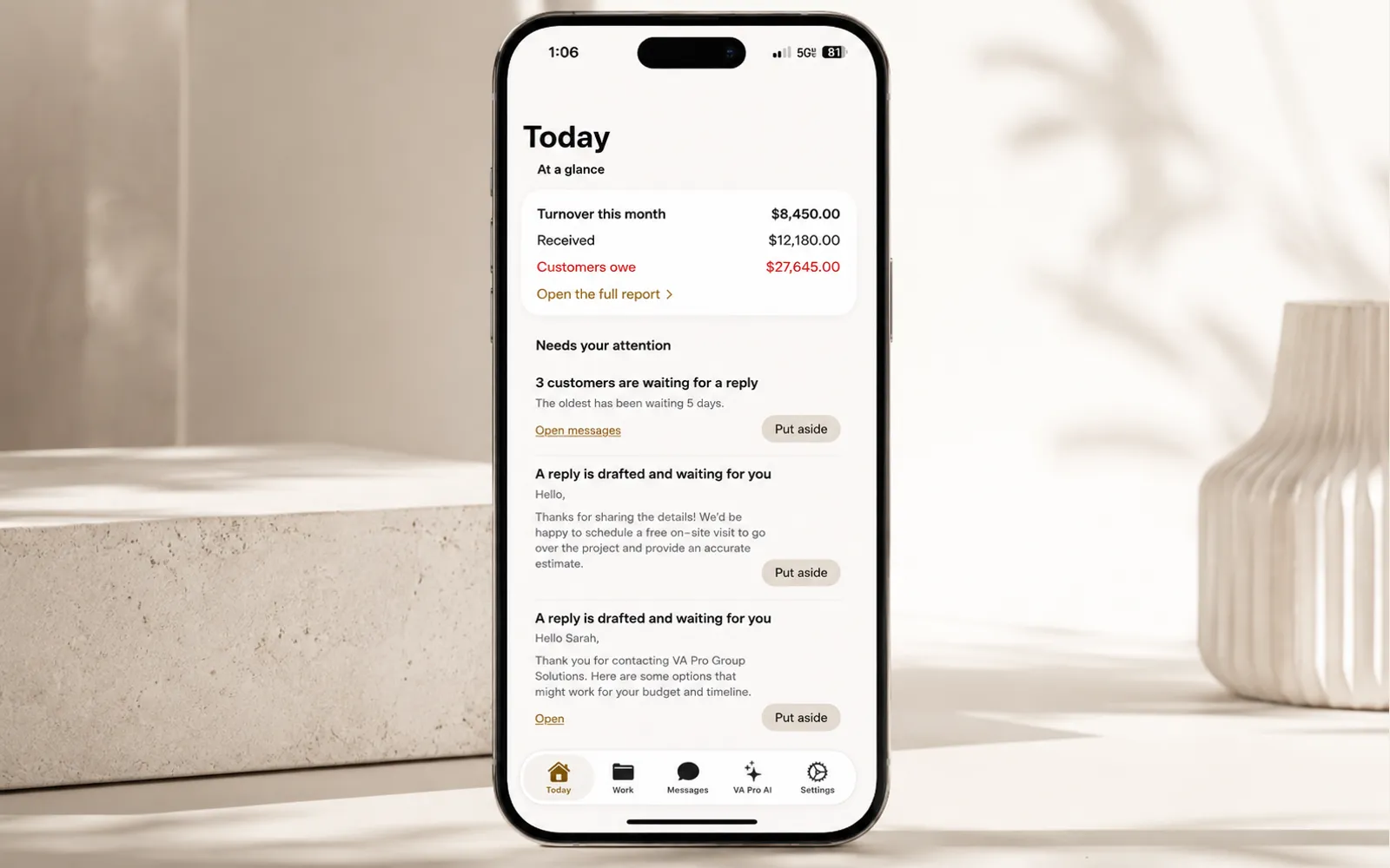 Phone showing the day at a glance: the month's turnover, customers waiting for a reply, and replies already drafted for the owner to review.