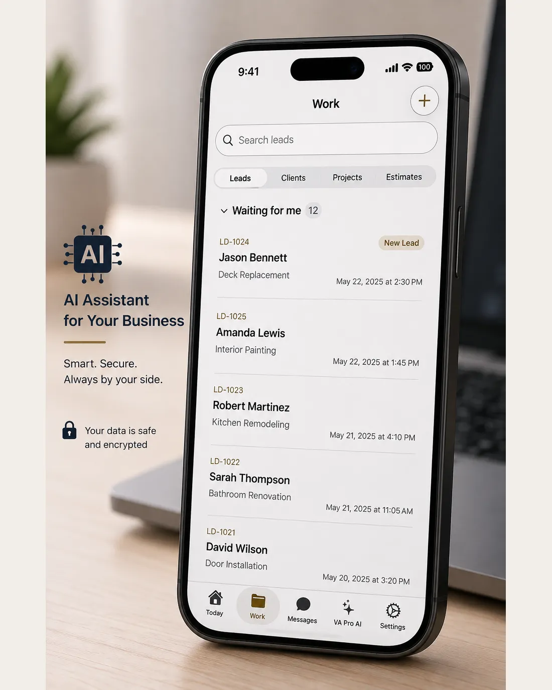 Phone showing the Work list of leads waiting for a reply, next to a laptop, under the label "AI Assistant for Your Business."