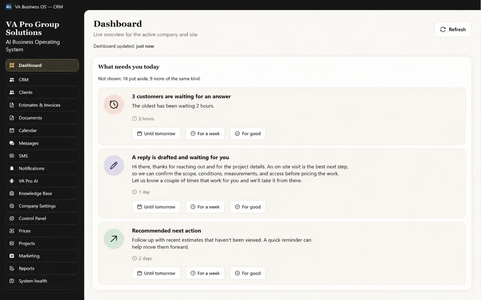 Daily overview listing what needs the owner today: customers waiting for an answer, a reply already drafted for review, and a recommended next action.