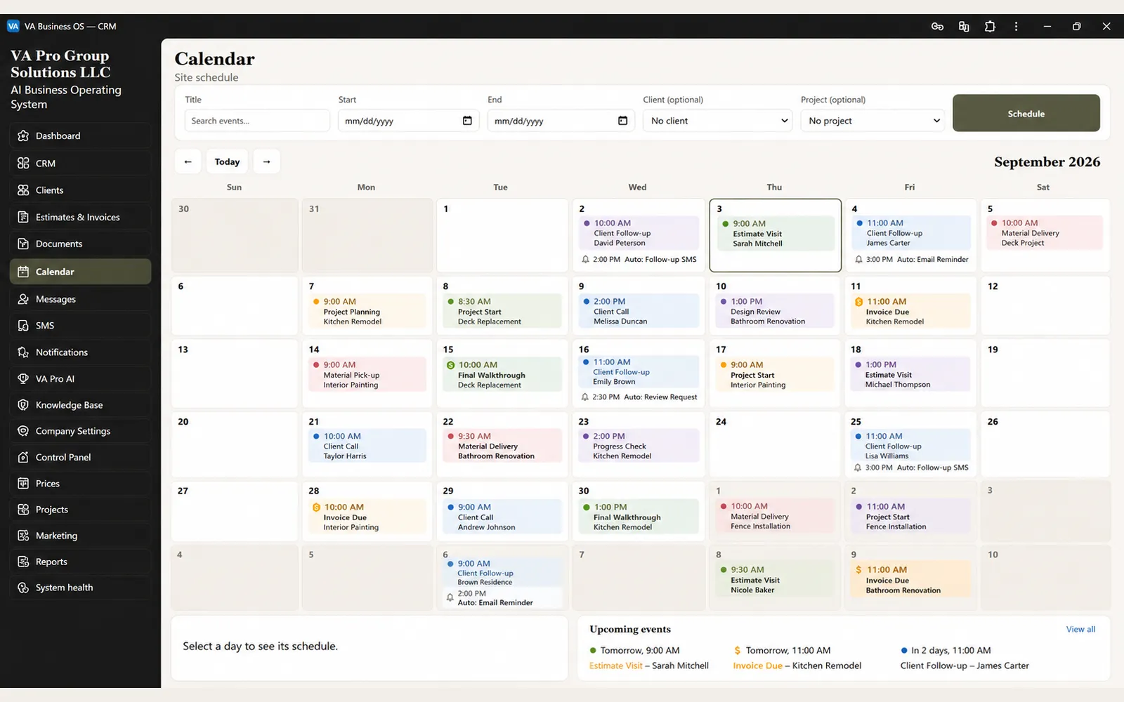 Month calendar of client calls, site visits, and project milestones, with scheduled automatic follow-up messages and reminders marked on individual days.