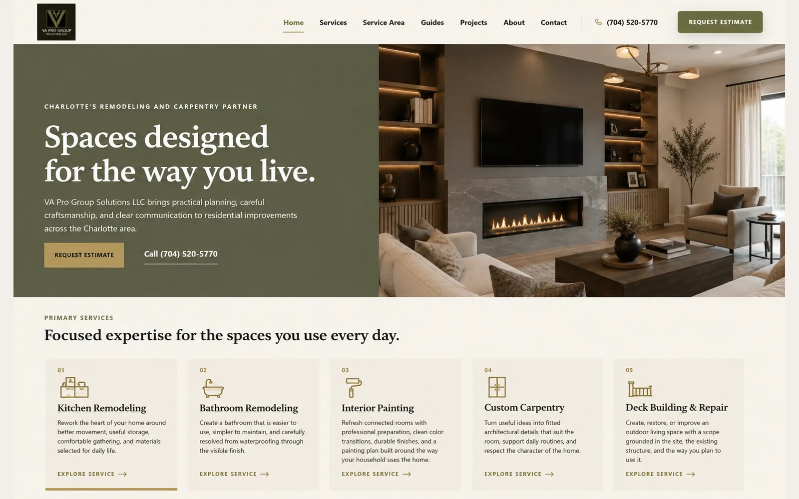 Home page of a remodeling company's website: a headline over a finished living room, a request-estimate button, and a row of service cards below.
