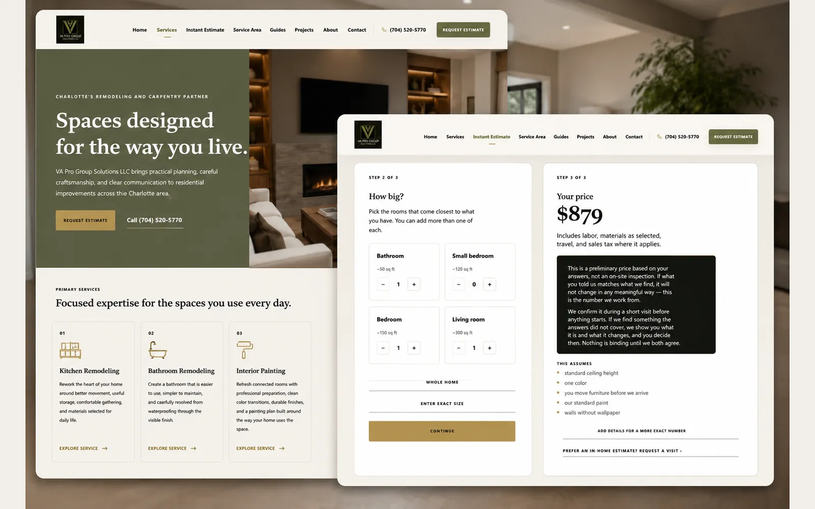 Website estimate tool: the visitor picks how many rooms are involved and the next step shows a written price with what it includes and what it assumes.