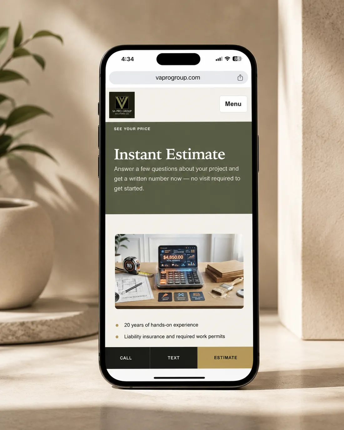 The website's instant estimate page on a phone, above a fixed bar offering call, text, and estimate.
