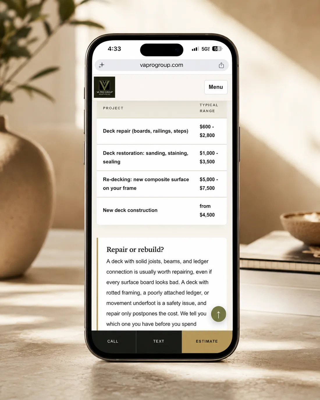 A pricing table on a phone listing typical ranges for deck repair, restoration, re-decking, and new construction.