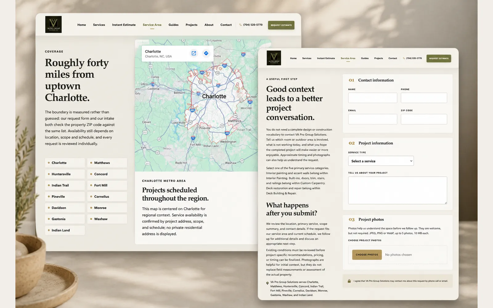 Service-area page listing the towns covered beside a map of the region, next to a request form that asks for the service type, project details, and photos.